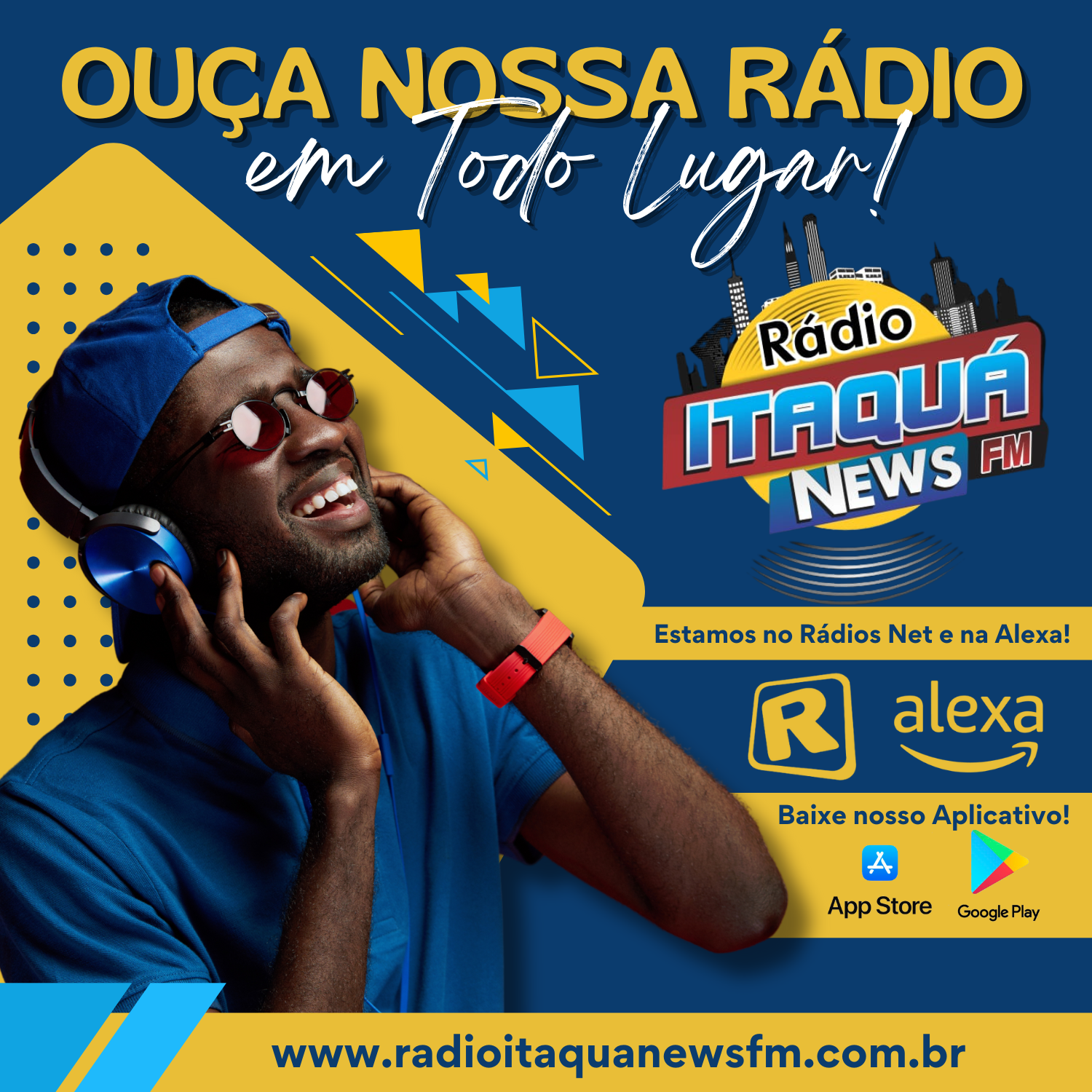 Banner da Rádio Itaqua News para divulgação da emissora, Alexa e aplicativos