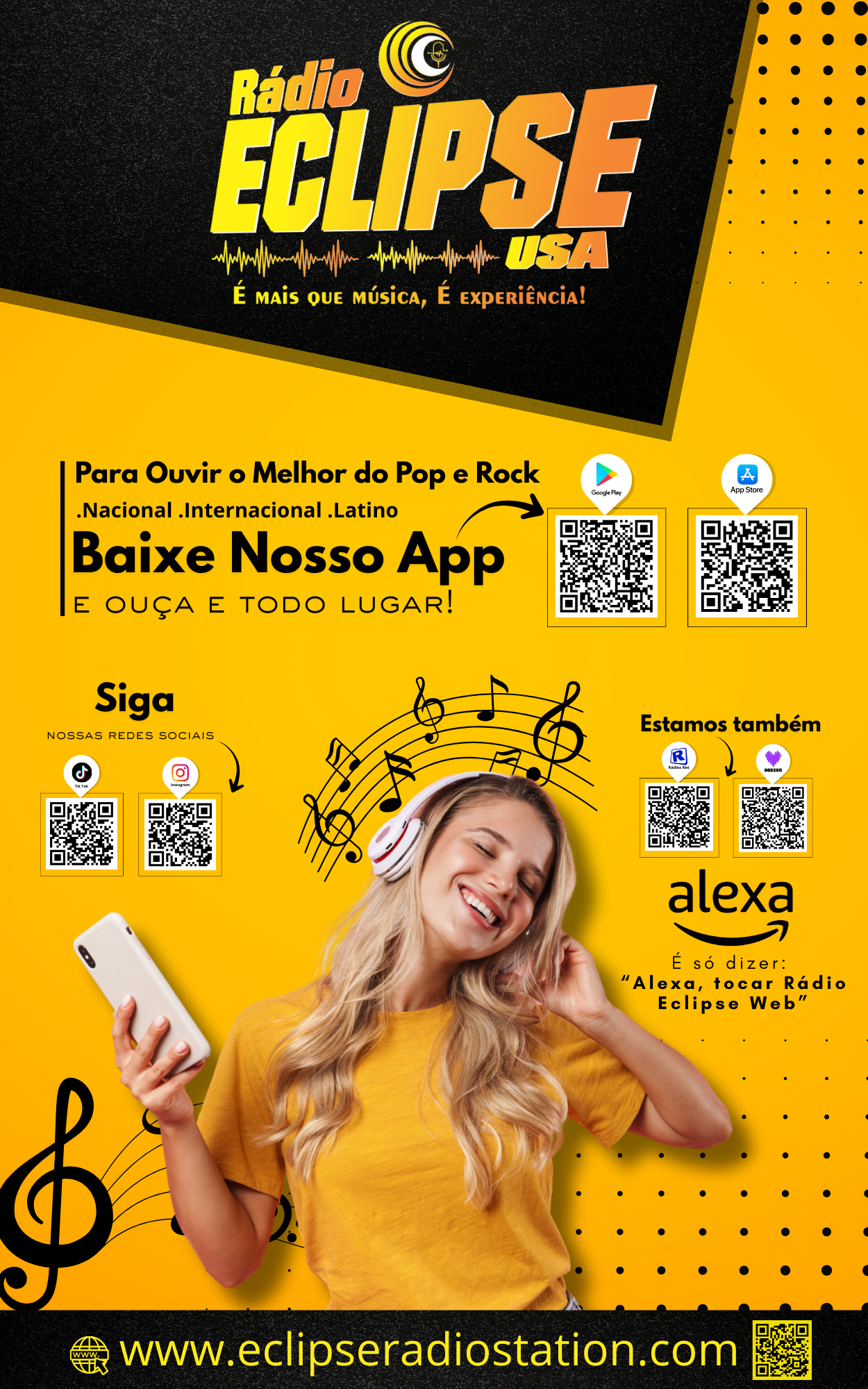 Material promocional da Rádio Eclipse USA com aplicativos, redes sociais, Alexa e códigos QR