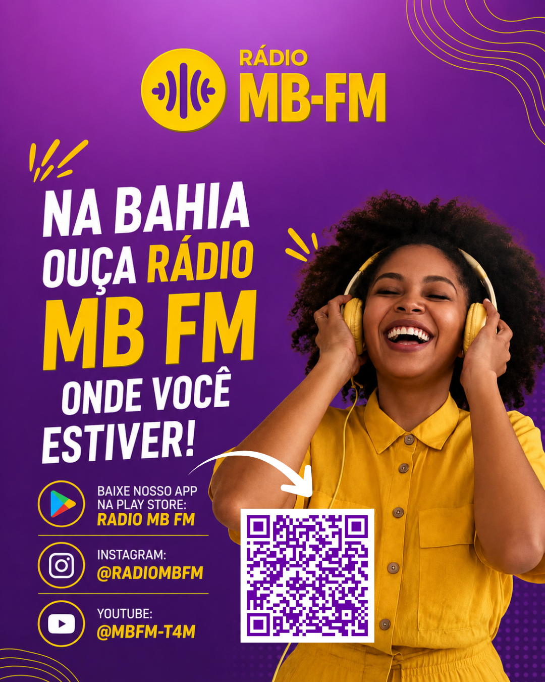 Material promocional da Rádio MB FM para divulgação do aplicativo, Instagram e YouTube