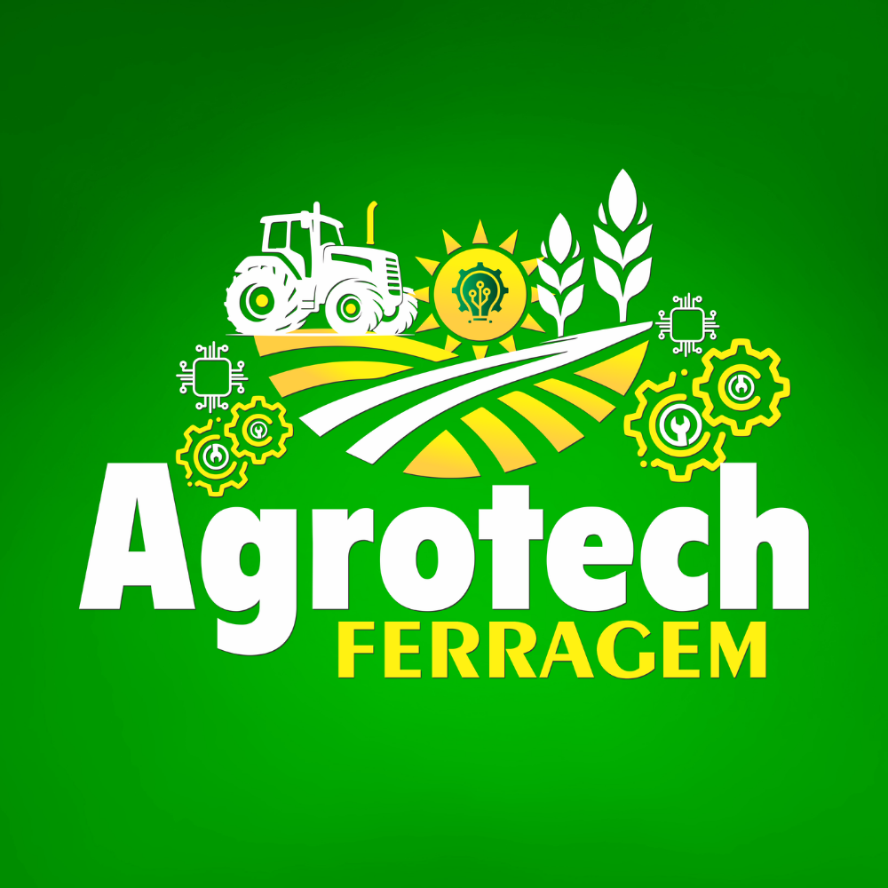 Logotipo da Agrotech Ferragem, com trator, plantação e elementos de tecnologia