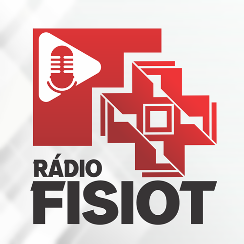 Logotipo da Rádio Fisiot em vermelho, preto e branco, com microfone e formas geométricas