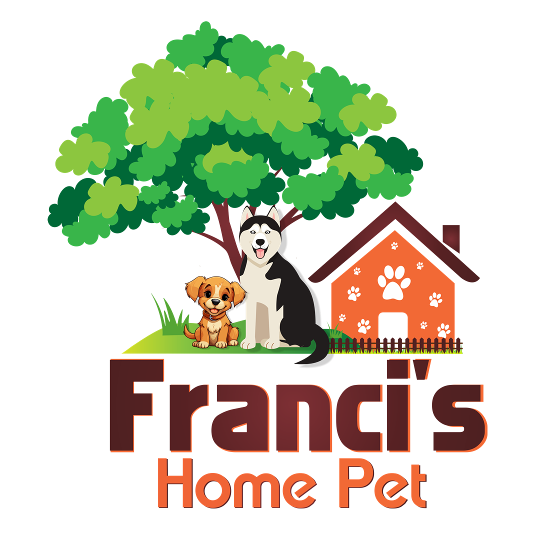Logotipo da Franci's Home Pet, com cães, árvore e uma casa para animais